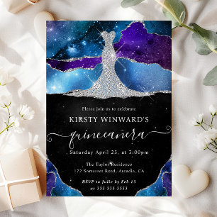 Diamond Dress and Galaxy Agate Quinceanera Invitation