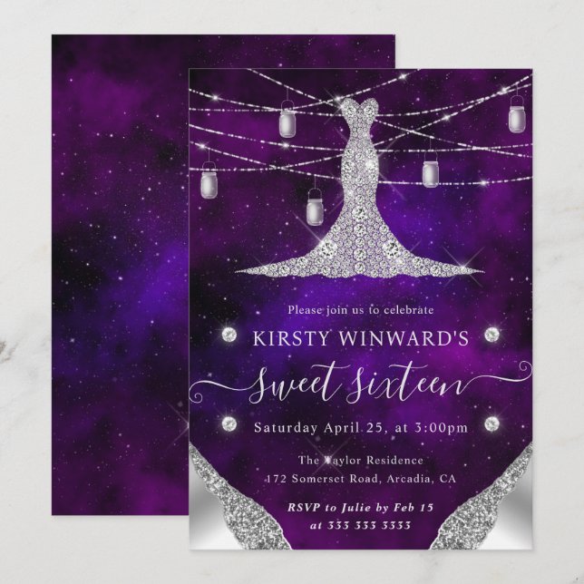 Diamond Dress and Mason Jars Glam Sweet 16 Invitation (Front/Back)