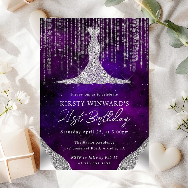 Diamond Dress & Bokeh String Lights 21st birthday Invitation (Creator Uploaded)
