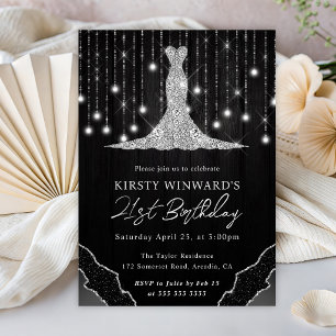 Diamond Dress & Bokeh String Lights 21st Birthday Invitation