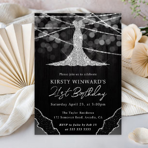 Diamond Dress & Bokeh String Lights 21st Birthday Invitation