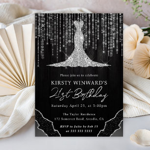 Diamond Dress & Bokeh String Lights 21st Birthday Invitation