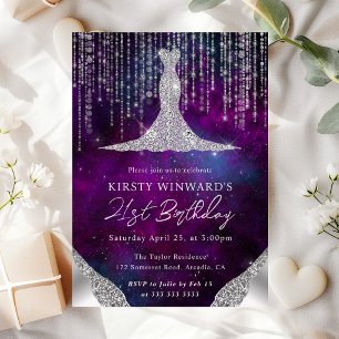 Diamond Dress & Bokeh String Lights 21st birthday Invitation