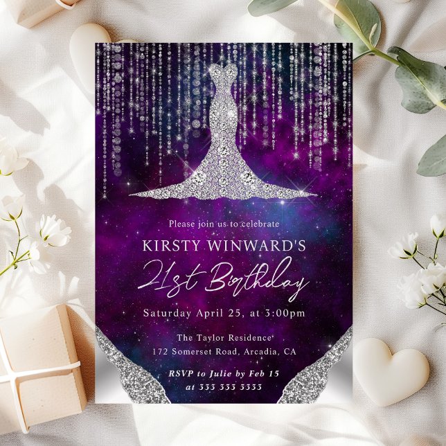 Diamond Dress & Bokeh String Lights 21st birthday Invitation (Creator Uploaded)