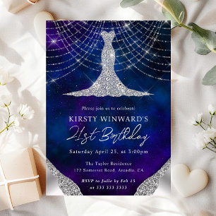 Diamond Dress & Bokeh String Lights 21st birthday Invitation