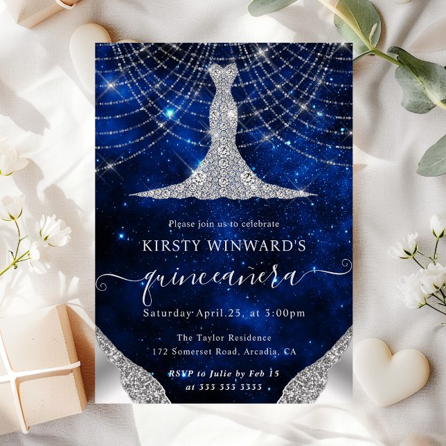 Diamond Dress & Bokeh String Lights Quinceanera Invitation (Creator Uploaded)