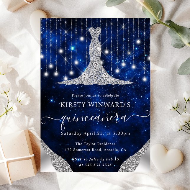 Diamond Dress & Bokeh String Lights Quinceanera Invitation (Creator Uploaded)