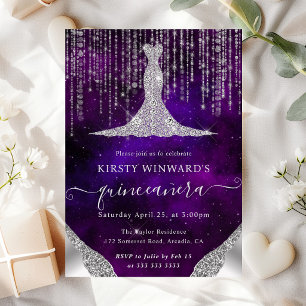 Diamond Dress & Bokeh String Lights Quinceanera Invitation