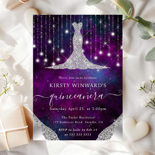 Diamond Dress & Bokeh String Lights Quinceanera Invitation