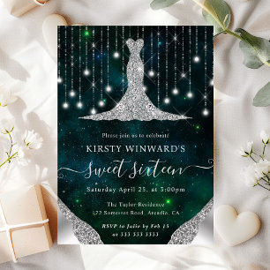Diamond Dress & Bokeh String Lights Sweet 16 Invitation