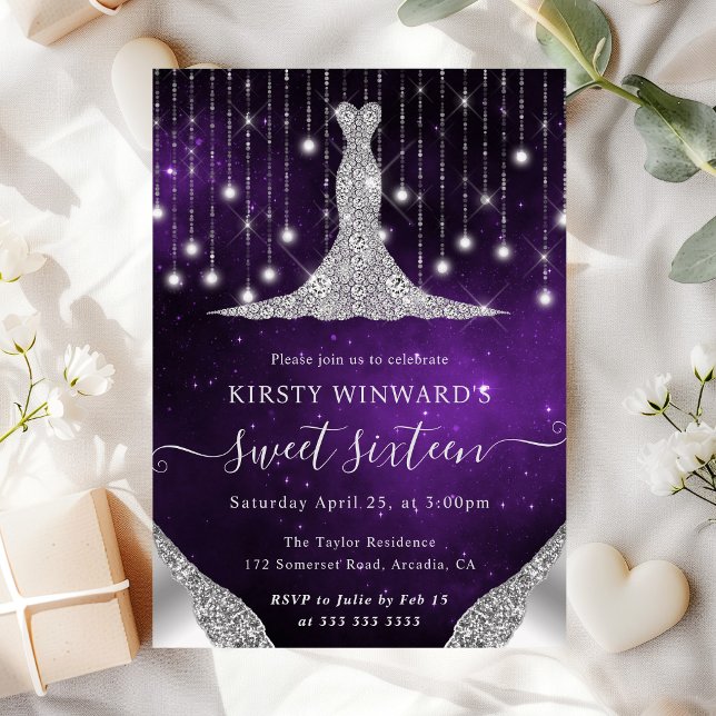 Diamond Dress & Bokeh String Lights Sweet 16 Invitation (Creator Uploaded)