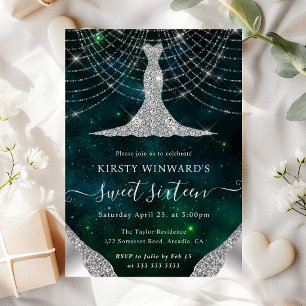 Diamond Dress & Bokeh String Lights Sweet 16 Invitation