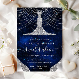 Diamond Dress & Bokeh String Lights Sweet 16 Invitation