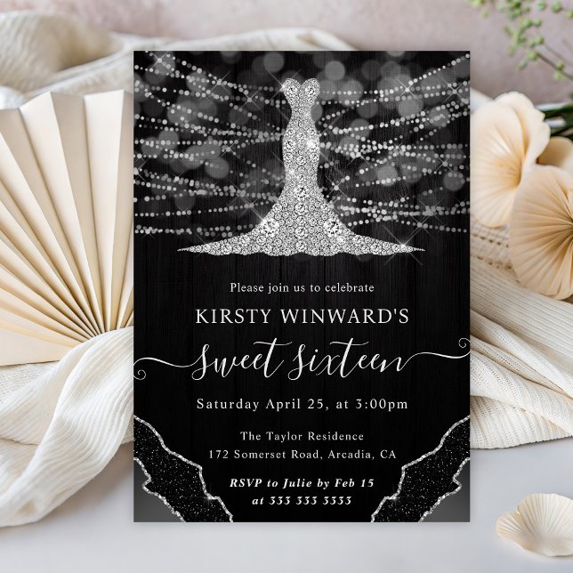 Diamond Dress & Bokeh String Lights Sweet 16 Invitation (Creator Uploaded)