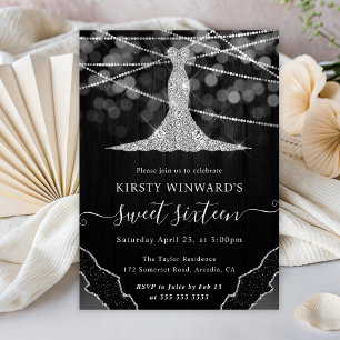 Diamond Dress & Bokeh String Lights Sweet 16 Invitation