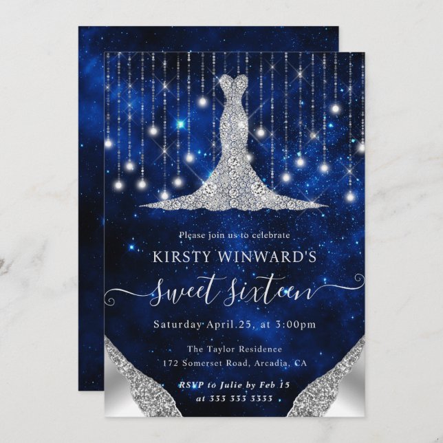 Diamond Dress & Bokeh String Lights Sweet 16 Invitation (Front/Back)