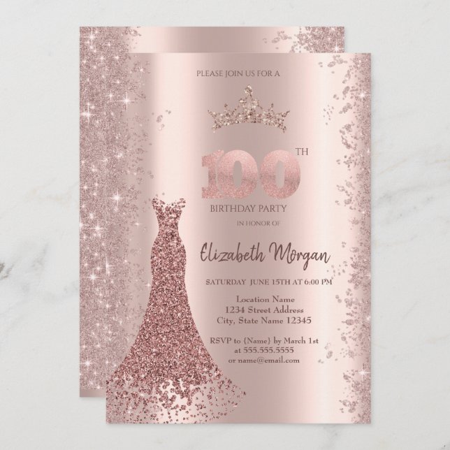 Diamond Dress Rose Gold Glitter Dust 100th Invitation (Front/Back)