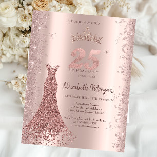 Diamond Dress Rose Gold Glitter Dust 25th Invitation
