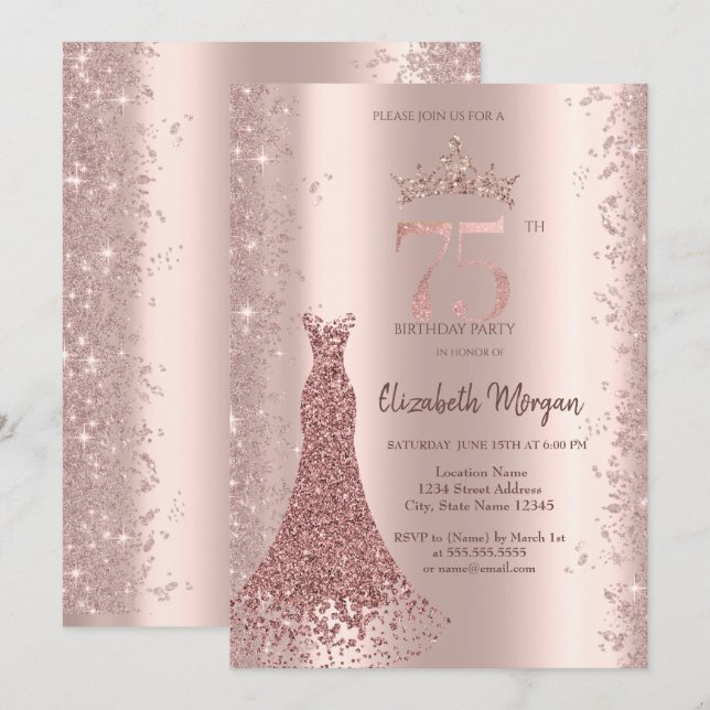 Diamond Dress Rose Gold Glitter Dust 75th Birthday Invitation (Front/Back)