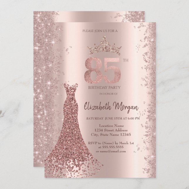 Diamond Dress Rose Gold Glitter Dust 85th Birthday Invitation (Front/Back)