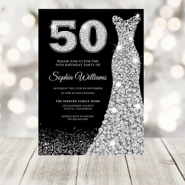 Diamond Dress Womans 50th Birthday Party Black Invitation (Creator Uploaded)