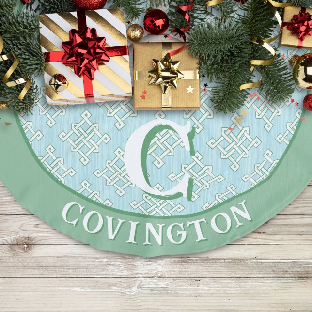 Diamond Endless Knot in Green + Aqua Personalised Faux Linen Tree Skirt (Creator Uploaded)
