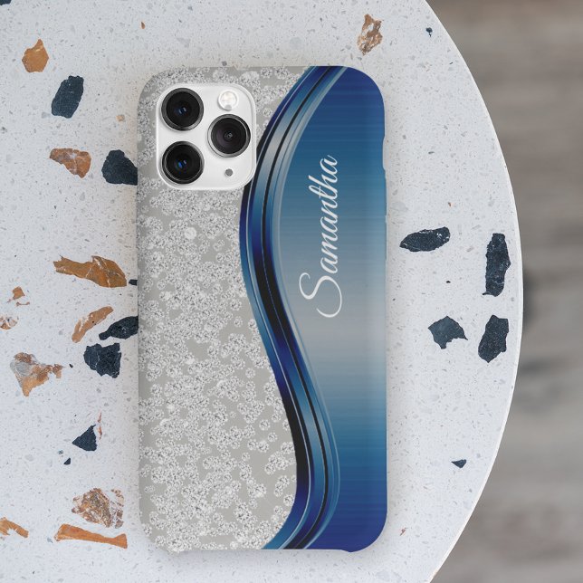 Diamond Faux Bling Navy Blue Monogram Name Case-Mate iPhone Case (Creator Uploaded)