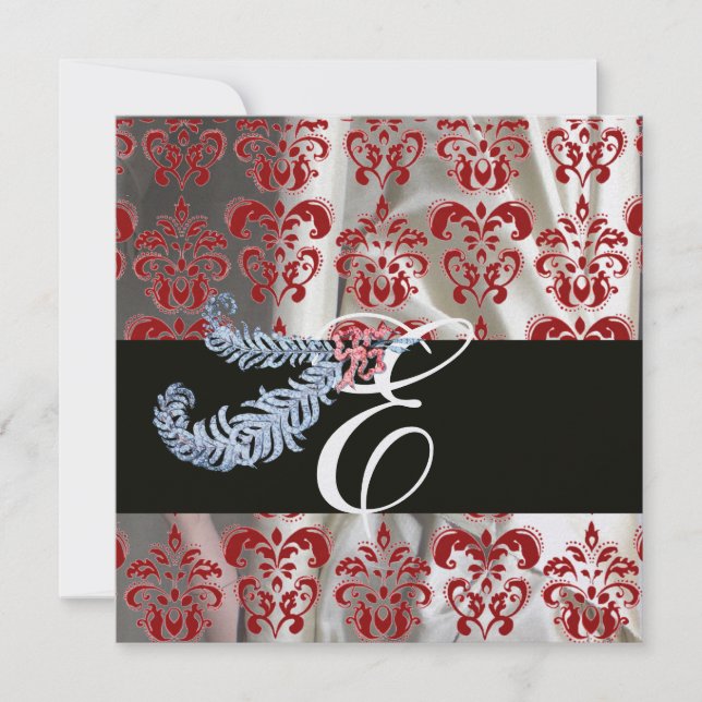 DIAMOND FEATHER RED WHITE ICE SILK DAMASK MONOGRAM INVITATION (Front)