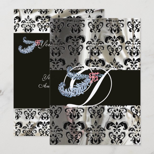 DIAMOND FEATHER SILVER BLACK SILK DAMASK MONOGRAM INVITATION (Front/Back)