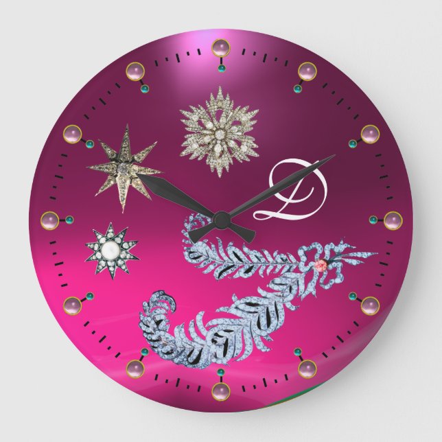 DIAMOND FEATHERS AND STARS PINK GEMSTONE MONOGRAM LARGE CLOCK (Front)