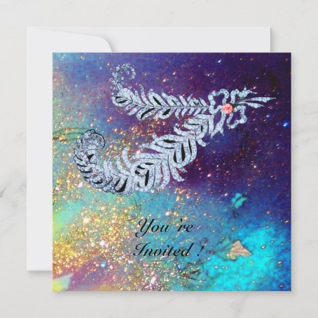 DIAMOND FEATHERS ,blue turquase gold sparkles Invitation (Front)