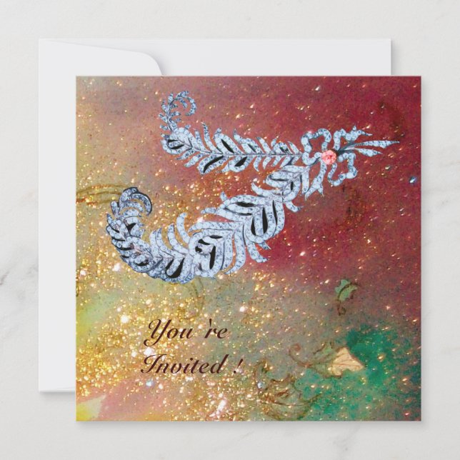 DIAMOND FEATHERS ,brown yellow green gold sparkles Invitation (Front)