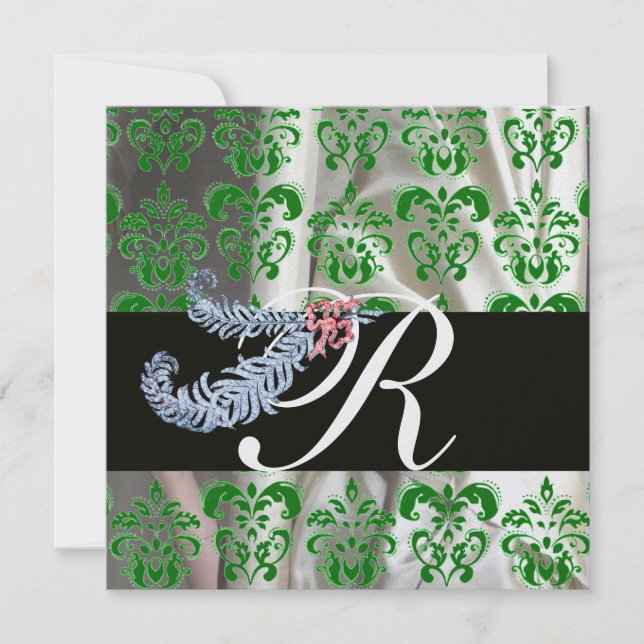 DIAMOND FEATHERS GREEN ICE SILK DAMASK MONOGRAM INVITATION (Front)