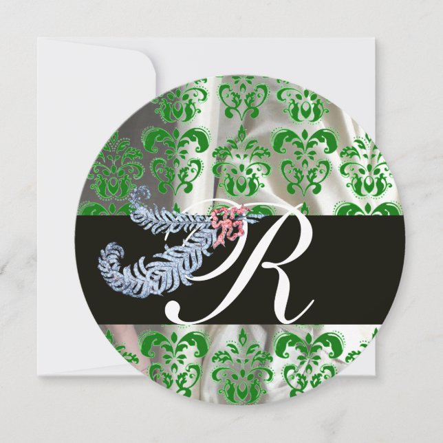 DIAMOND FEATHERS GREEN WHITE SILK DAMASK MONOGRAM INVITATION (Front)