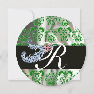 DIAMOND FEATHERS GREEN WHITE SILK DAMASK MONOGRAM INVITATION