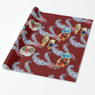 DIAMOND FEATHERS, JEWEL OWLS IN RED WRAPPING PAPER