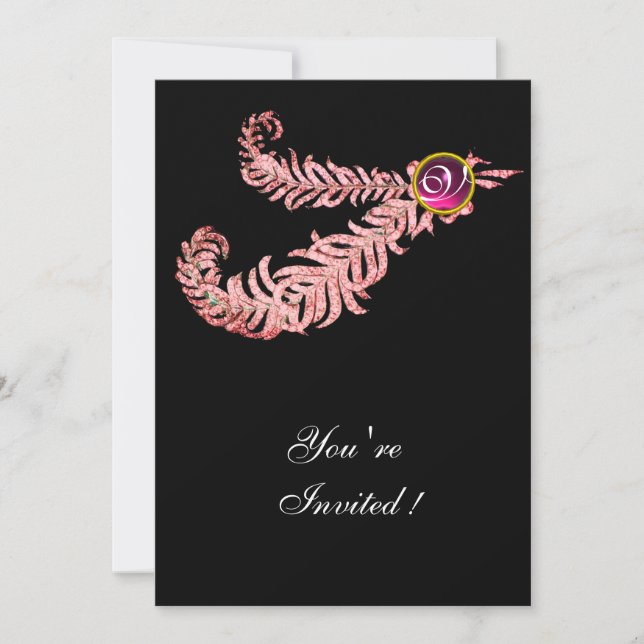 DIAMOND FEATHERS MONOGRAM ,red ruby ,pink Invitation (Front)