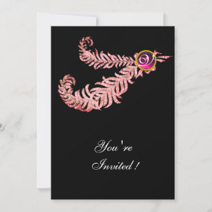 DIAMOND FEATHERS MONOGRAM ,red ruby ,pink Invitation