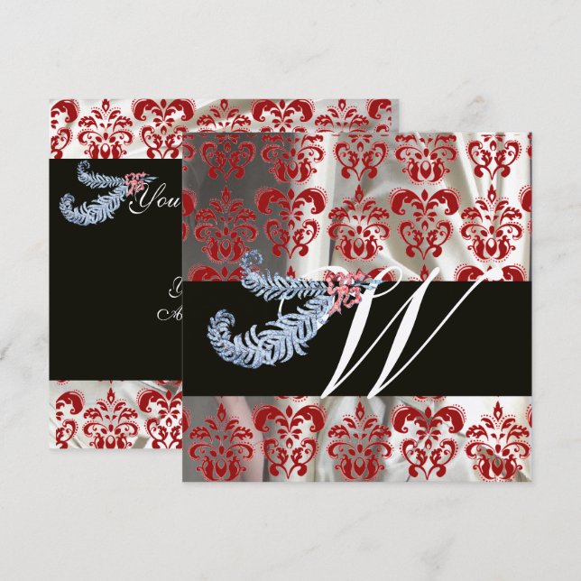 DIAMOND FEATHERS RED SILVER SILK DAMASK MONOGRAM INVITATION (Front/Back)