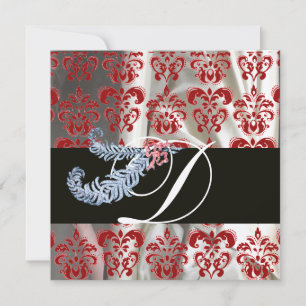 DIAMOND FEATHERS RED WHITE SILK DAMASK MONOGRAM INVITATION