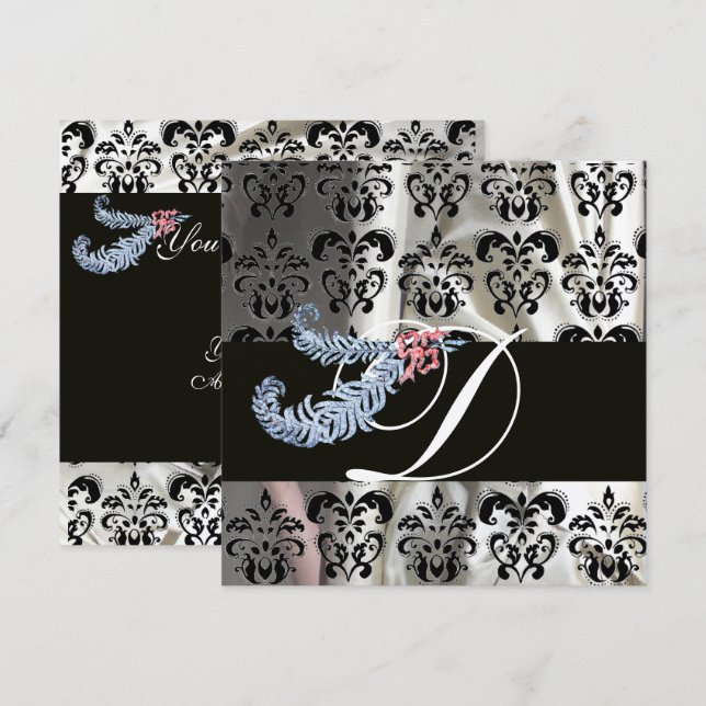 DIAMOND FEATHERS SILVER BLACK SILK DAMASK MONOGRAM INVITATION (Front/Back)