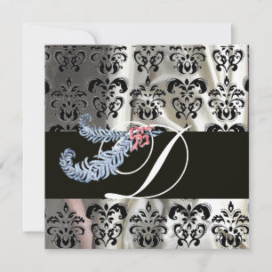 DIAMOND FEATHERS WHITE BLACK SILK DAMASK MONOGRAM INVITATION