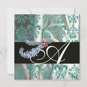 DIAMOND FEATHERS WHITE BLUE SILK DAMASK MONOGRAM INVITATION