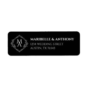 Diamond Floral Monogram Black Wedding Return Address Label