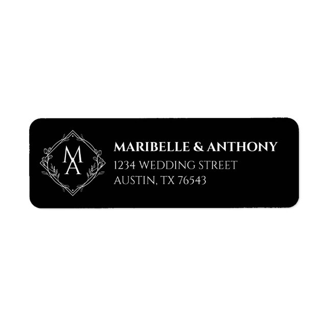 Diamond Floral Monogram Black Wedding Return Address Label (Front)