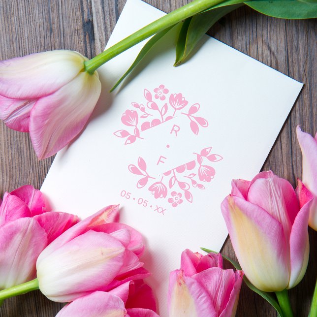 Diamond Floral Wedding Wildflowers Initials Date Rubber Stamp (Creator Uploaded)