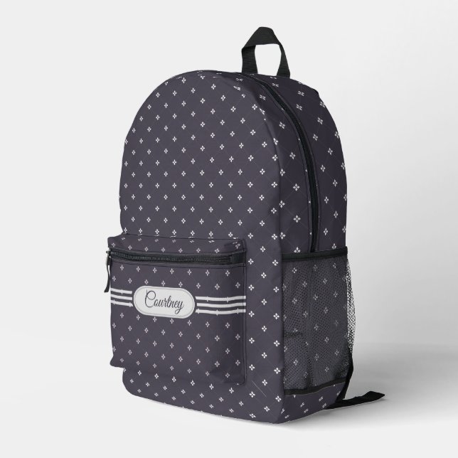 Diamond Floret Pattern on Dusty Plum with Name Printed Backpack (Back Corner Right)