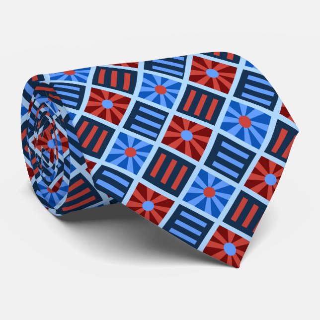 Diamond Flower Geometric Red & Blue Two-sided Tie (Rolled)