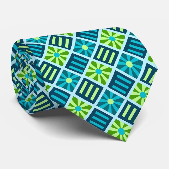 Diamond Flower Geometric Teal & Lime Two-sided Tie (Rolled)