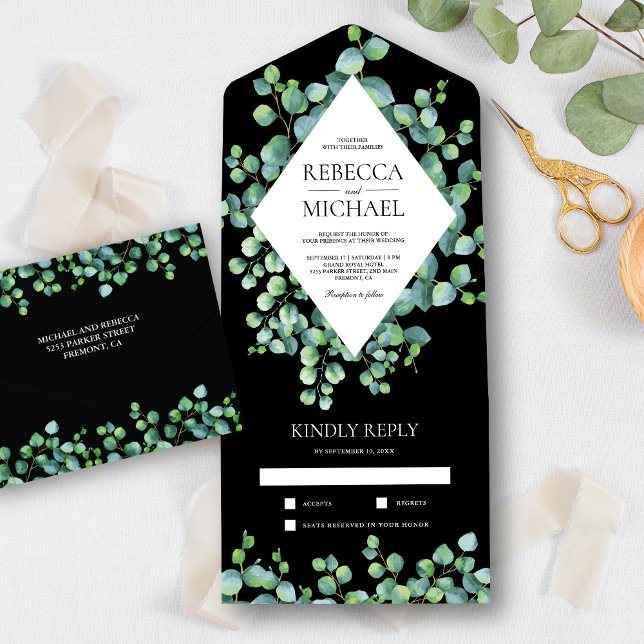 Diamond Frame Eucalyptus Leaves Black Wedding All In One Invitation (Creator Uploaded)